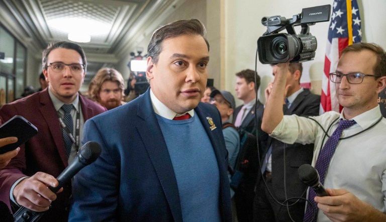 Rep. George Santos (R-NY) departs a House Republican closed-door caucus to decide who to nominate for speaker of the House on Capitol Hill, Wednesday, Oct. 11, 2023, in Washington.