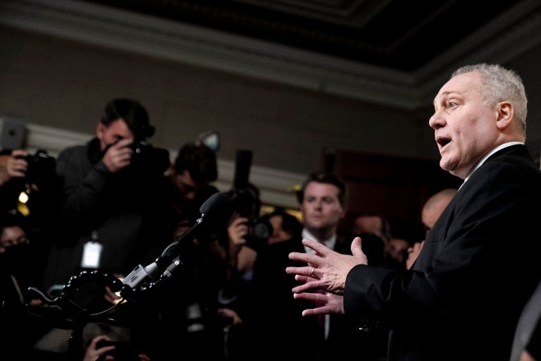 House Majority Leader Steve Scalise (R-LA) speaks to reporters as he leaves a meeting of House Republicans after they voted for him to be the next speaker of the House on Capitol Hill on Wednesday, Oct. 11, 2023, in Washington.