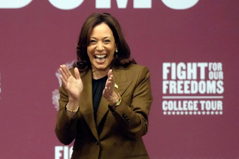 Vice President Kamala Harris takes the stage for a panel discussion at the College of Charleston on Wednesday, Oct. 11, 2023, in Charleston, South Carolina. Harris visited the state, home of the Democrats' first presidential primary of 2024, as part of her tour to college campuses across the country.
