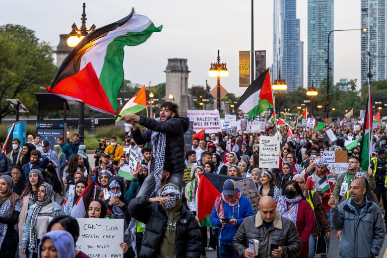 Palestinian supporters march along South Michigan Avenue in the Loop on Wednesday, Oct. 11, 2023, in Chicago.