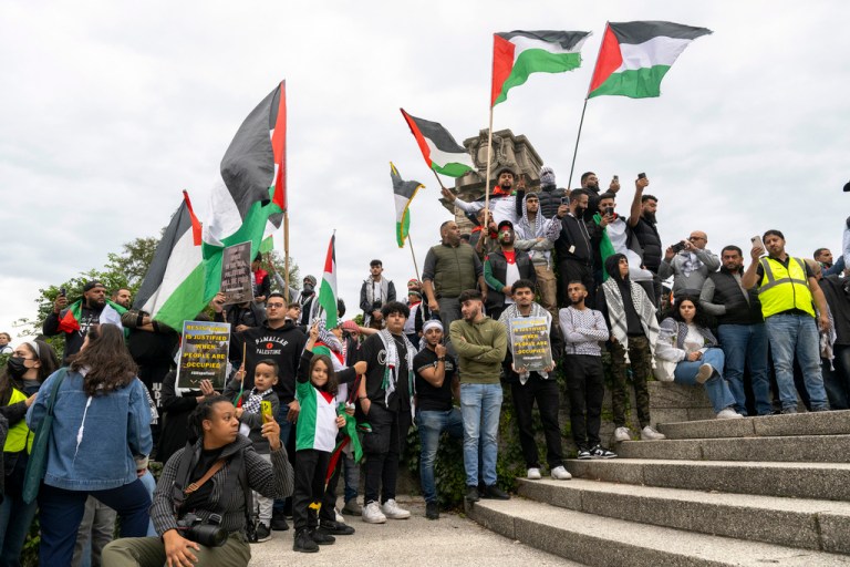 Supporters of Palestine rally in the Loop in Chicago on Wednesday, Oct. 11, 2023, in response to the violence between Israel and the Palestinian territories.