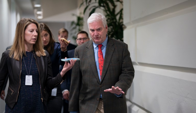 House Majority Whip Tom Emmer (R-MN) arrives to meet with the House Republican Conference at the Capitol in Washington, Thursday, Oct. 12, 2023.
