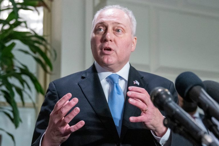 House Majority Leader Steve Scalise (R-LA) speaks with reporters after departing a House Republican caucus meeting on Capitol Hill on Thursday, Oct. 12, 2023, in Washington.