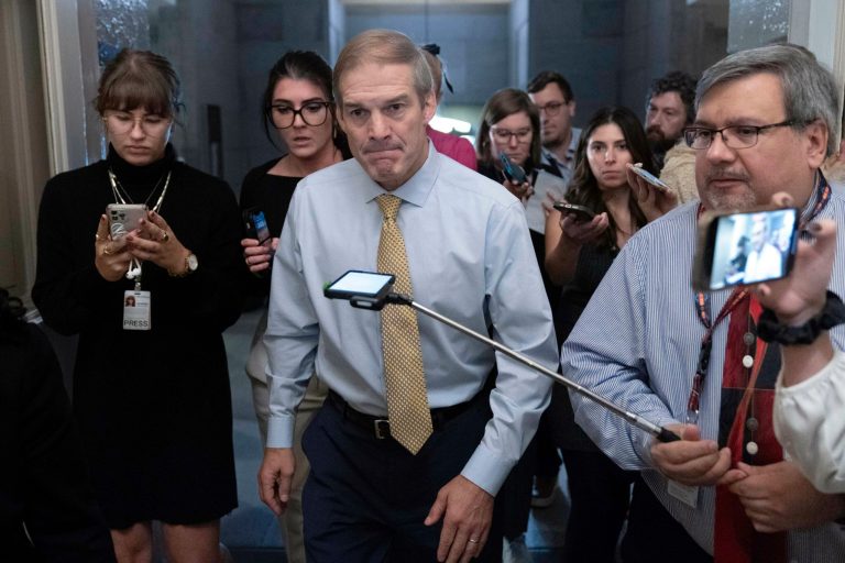 Rep. Jim Jordan (R-OH), the chairman of the House Judiciary Committee, is followed by reporters as he leaves the House Republican caucus meeting at the Capitol in Washington.