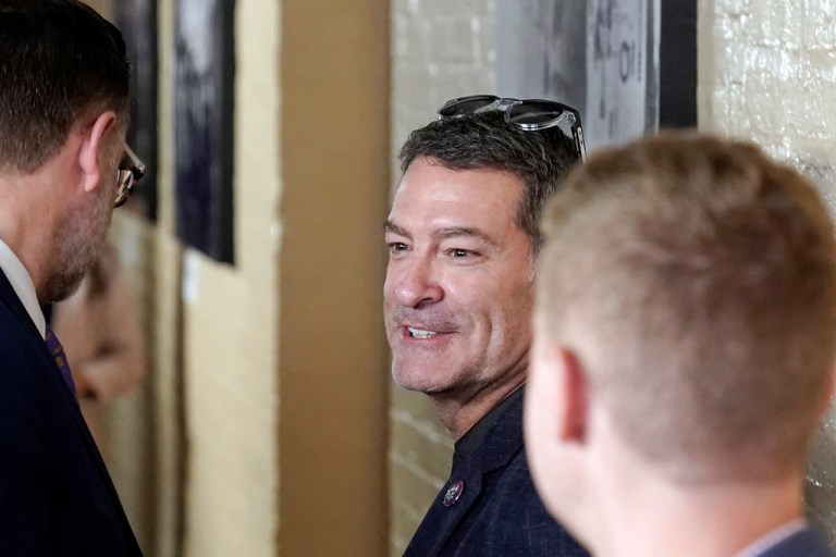 Rep. Mark Green (R-TN) talks with reporters after a House Republican caucus meeting on Capitol Hill, Thursday, Oct. 12, 2023, in Washington.