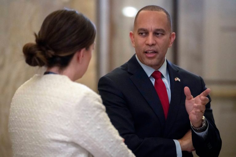 House Minority Leader Hakeem Jeffries (D-NY) speaks to reporters on Capitol Hill, Thursday, Oct. 12, 2023, in Washington.