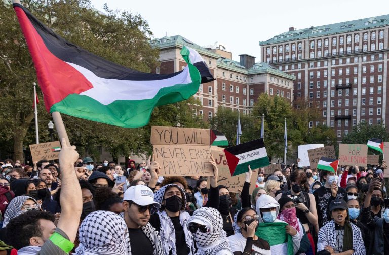 Pro-Palestine demonstrators gather for a protest at Columbia University, Thursday, Oct. 12, 2023, in New York. Hamas terrorists launched an unprecedented surprise attack on Saturday, killing hundreds of Israeli civilians and kidnapping others. The Israeli military is hammering the Hamas-ruled Gaza Strip with airstrikes.