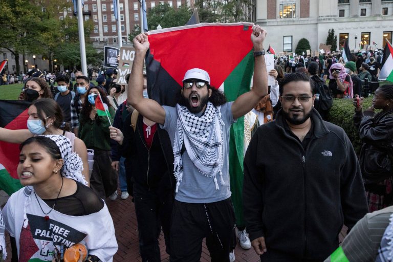 Palestinian supporters chant as they march during a protest at Columbia University, Thursday, Oct. 12, 2023, in New York. On Saturday, Hamas militants launched an unprecedented surprise attack killing hundreds of Israeli civilians, and kidnapping others. The Israeli military is pulverizing the Hamas-ruled Gaza Strip with airstrikes and has halted deliveries of food, water, fuel and electricity as Palestinians try to stock up for a possible ground invasion. 