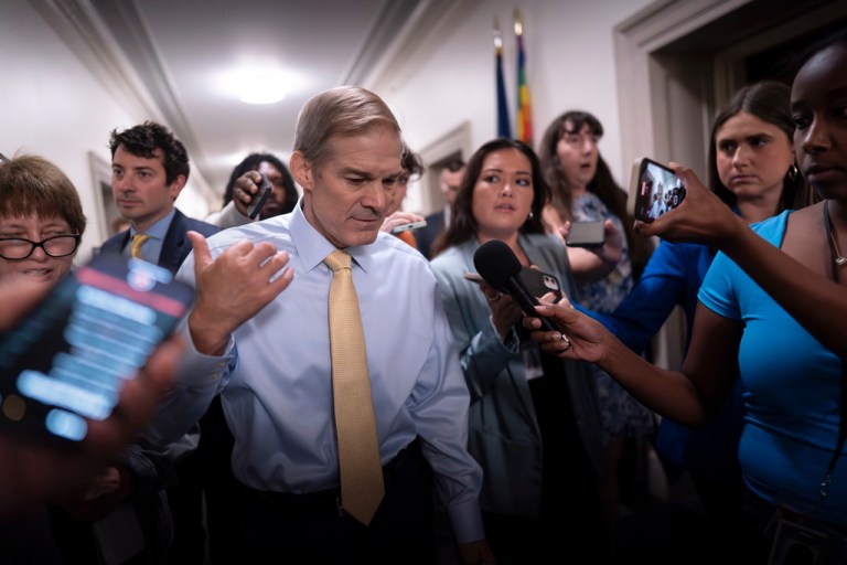 Rep. Jim Jordan (R-OH), the chairman of the House Judiciary Committee and a staunch ally of former President Donald Trump, talks with reporters at the Capitol in Washington on Oct. 13, 2023. 