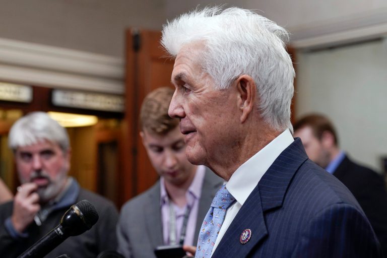 Rep. Roger Williams (R-TX) talks with reporters as Republicans hold a caucus meeting at the Capitol in Washington, Friday, Oct. 13, 2023.