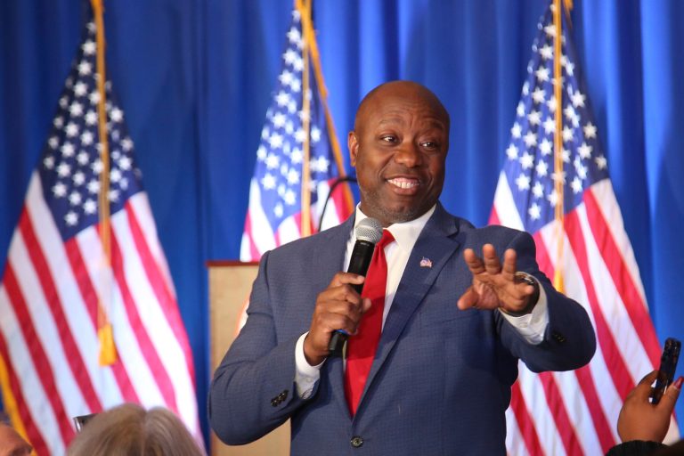 Republican presidential candidate Tim Scott speaks during the New Hampshire Republican Party's First In The Nation Leadership Summit on Saturday, Oct. 14, 2023, in Nashua, New Hampshire. 