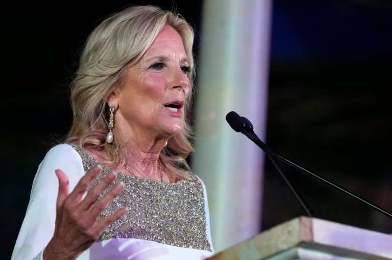First lady Jill Biden speaks at the National Italian American Foundation's 48th anniversary gala on Saturday, Oct. 14, 2023, in Washington.