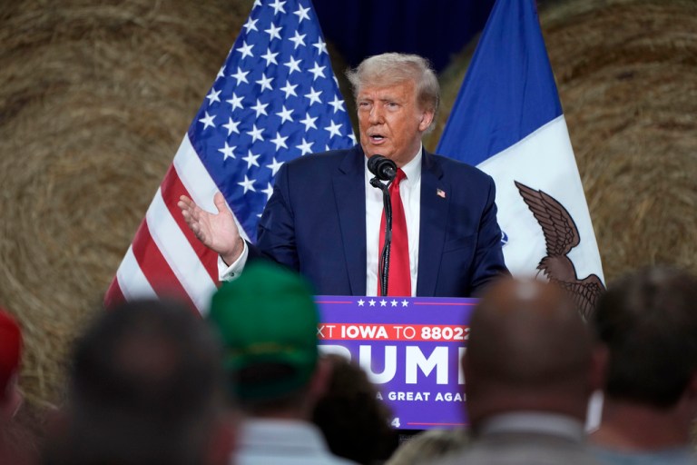 Former President Donald Trump speaks during a commit to caucus rally, Monday, Oct. 16, 2023, in Adel, Iowa. 