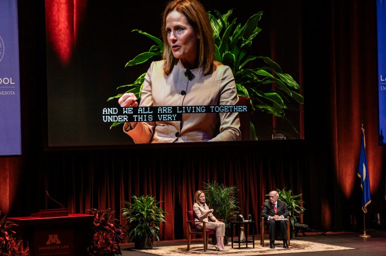 Supreme Court Justice Amy Coney Barrett speaks with Professor Robert A. Stein at Northrop Auditorium as part of the Stein Lecture Series in Minneapolis, Monday, Oct. 16, 2023.