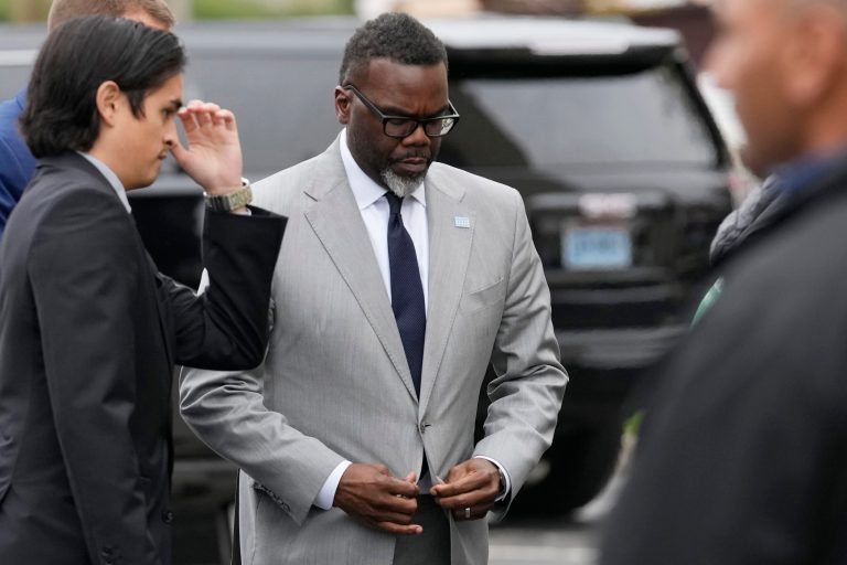 Chicago Mayor Brandon Johnson attends Wadea Al-Fayoume's funeral service at Mosque Foundation in Bridgeview, Illinois, Monday, Oct. 16, 2023. An Illinois landlord accused of fatally stabbing a 6-year-old Muslim boy and seriously wounding his mother was charged with a hate crime after police and relatives said he singled out the victims because of their faith and as a response to the war between Israel and Hamas.