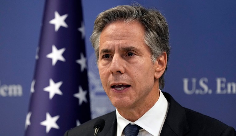 U.S. Secretary of State Antony Blinken speaks in Tel Aviv, Tuesday Oct. 17, 2023, after an overnight meeting with Israeli Prime Minister Benjamin Netanyahu.