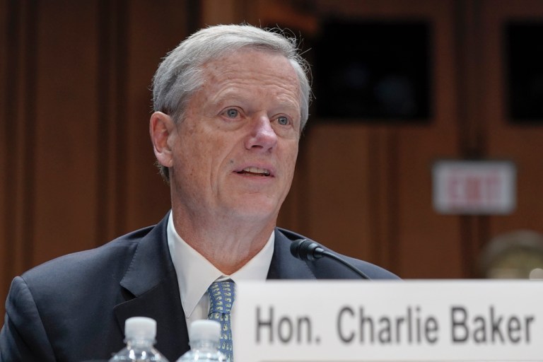 NCAA President Charlie Baker testifies during a Senate Judiciary Committee hearing to examine the future of college sports on Tuesday, Oct. 17, 2023, on Capitol Hill in Washington. 