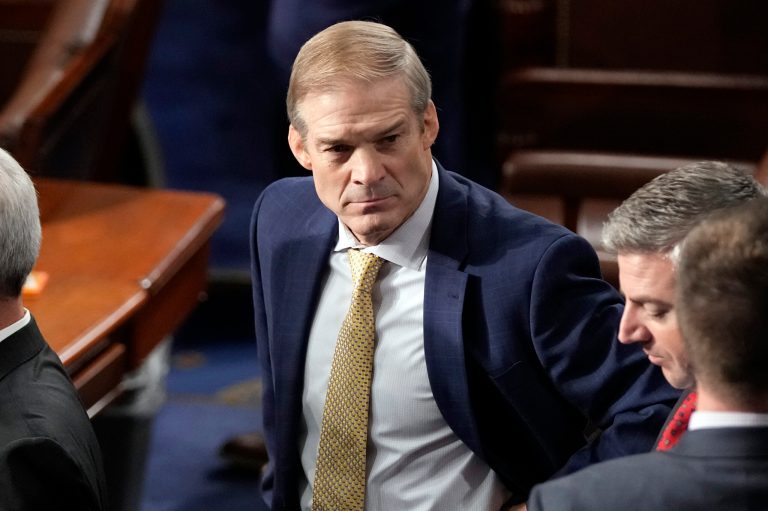 Rep. Jim Jordan (R-OH) listens after he was not successful in the first ballot, as Republicans try to elect him to be the new House speaker, at the Capitol in Washington, Tuesday, Oct. 17, 2023.