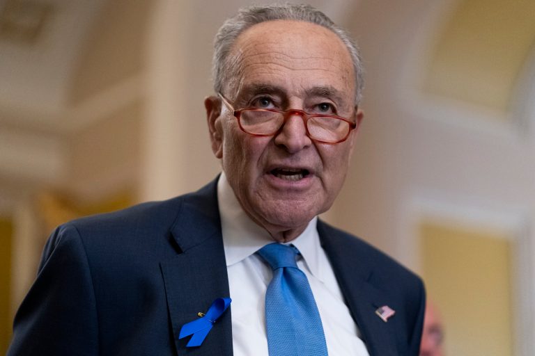 Senate Majority Leader Chuck Schumer (D-NY) speaks to media after a Senate policy luncheon, Tuesday, Oct. 17, 2023, on Capitol Hill in Washington. 