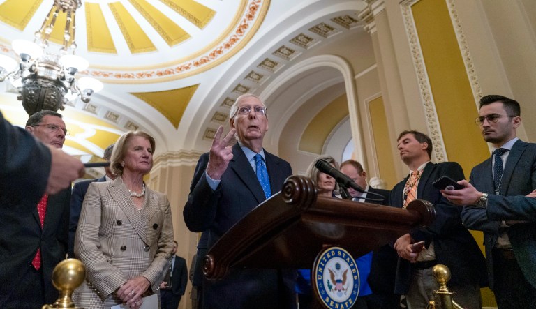 Senate Minority Leader Mitch McConnell (R-KY) speaks to media after a Senate Republican policy luncheon Tuesday, Oct. 17, 2023, on Capitol Hill in Washington.