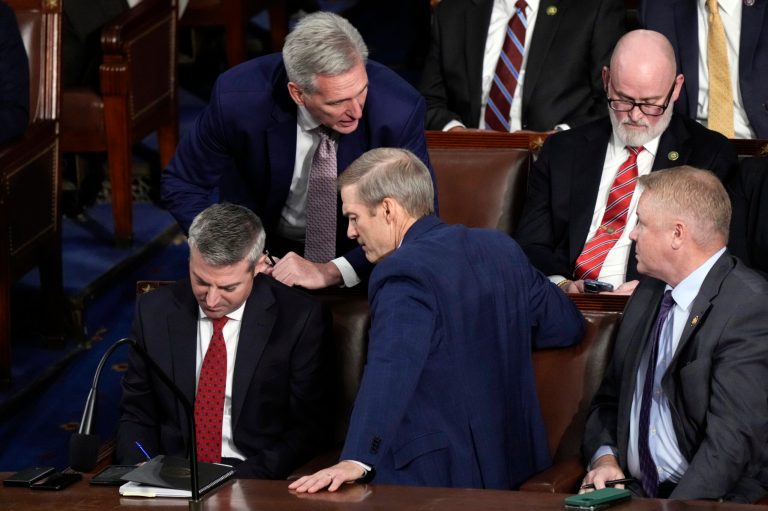 Rep. Jim Jordan (R-OH), center, confers with former Speaker Kevin McCarthy (R-CA), top left, as Republicans try to elect the Judiciary Committee chairman and a top Trump ally to be the new House speaker at the Capitol in Washington on Tuesday, Oct. 17, 2023.