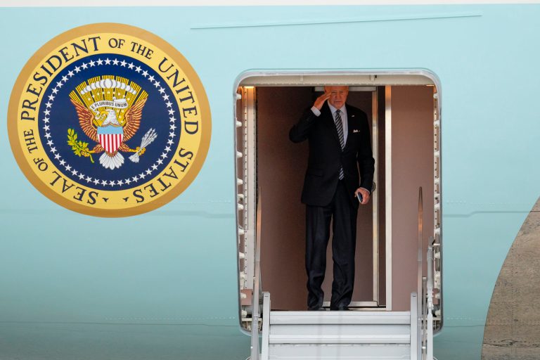President Joe Biden salutes as he boards Air Force One at Andrews Air Force Base, Md., Tuesday, Oct. 17, 2023, en route to Israel. 