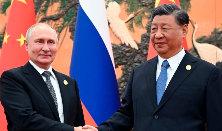 Chinese President Xi Jinping, right, and Russian President Vladimir Putin pose for a photo prior to their talks on the sidelines of the Belt and Road Forum in Beijing, China, on Wednesday, Oct. 18, 2023.
