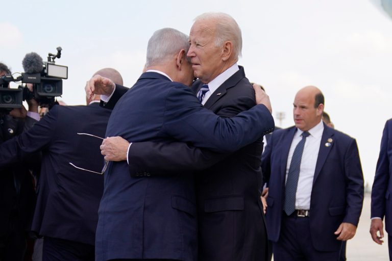 President Joe Biden is greeted by Israeli Prime Minister Benjamin Netanyahu after arriving at Ben Gurion International Airport, Wednesday, Oct. 18, 2023, in Tel Aviv.