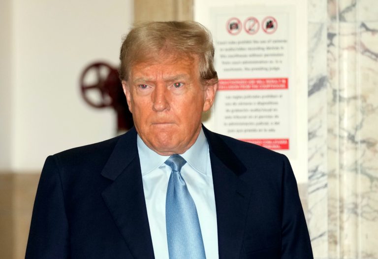 Former President Donald Trump arrives for the continuation of his civil business fraud trial at New York Supreme Court, Wednesday, Oct. 18, 2023, in New York.