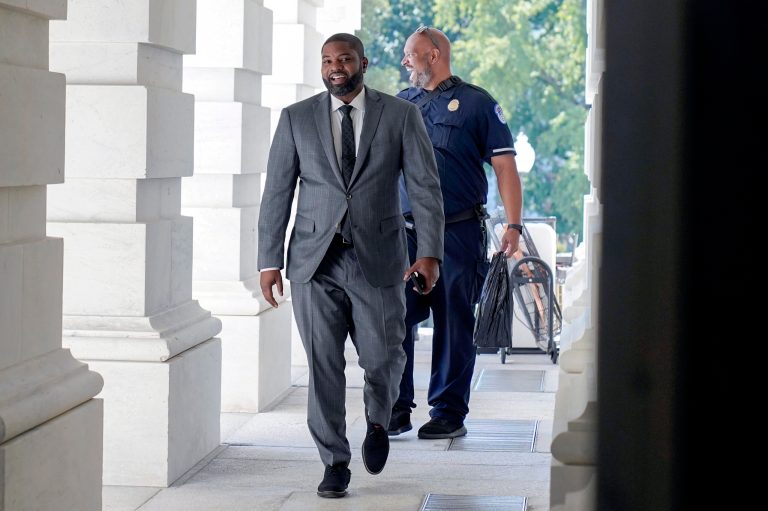 Rep. Byron Donalds (R-FL) arrives at the Capitol on Wednesday, Oct. 18, 2023, in Washington. 