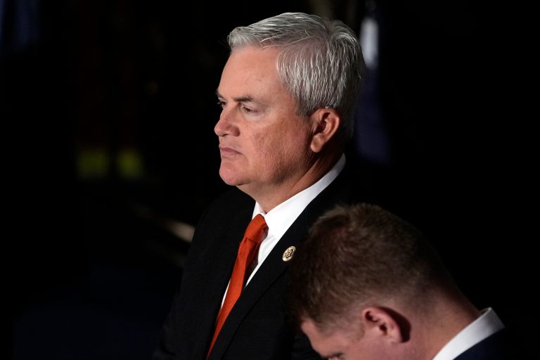 Rep. James Comer (R-KY) watches as Republicans try to elect Rep. Jim Jordan (R-OH), a top Donald Trump ally, to be the new House speaker, at the Capitol in Washington, Wednesday, Oct. 18, 2023.