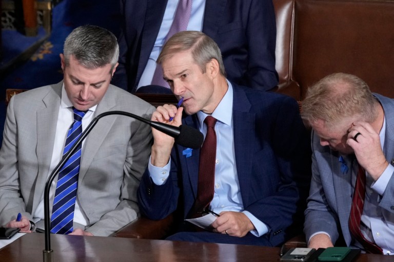Rep. Jim Jordan, R-Ohio, chairman of the House Judiciary Committee, center, listens at the end of the second ballot, Wednesday, Oct. 18, 2023.