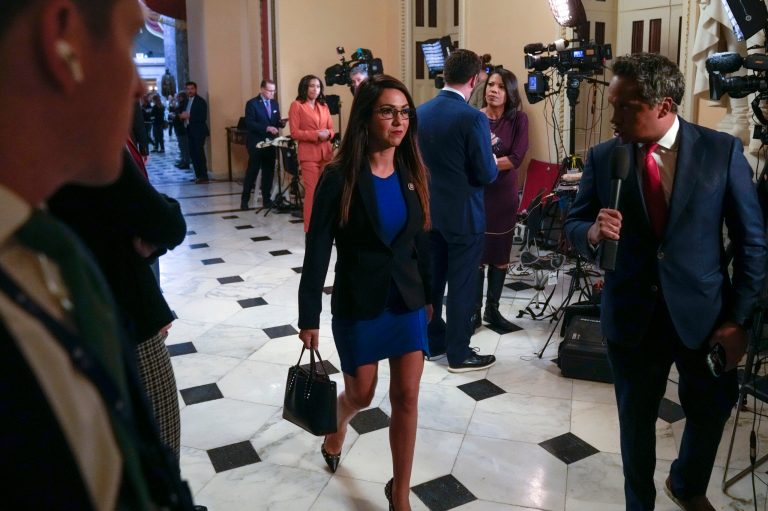 Rep. Lauren Boebert (R-CO) walks toward the House chamber, Wednesday, Oct. 18, 2023. 