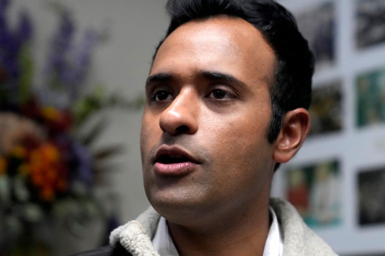 Republican presidential candidate Vivek Ramaswamy speaks to reporters after filling out forms to get on the Republican presidential primary ballot at the New Hampshire State House on Oct. 18, 2023, in Concord, New Hampshire.