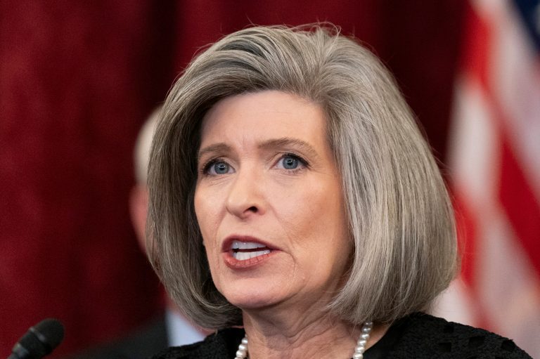 Sen. Joni Ernst (R-IA) speaks to media about Israel on Wednesday, Oct. 18, 2023, on Capitol Hill in Washington. 