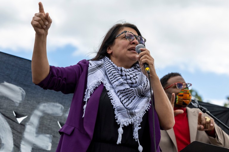 Rep. Rashida Tlaib (D-MI) speaks during a demonstration calling for a ceasefire in Gaza near the Capitol in Washington on Wednesday, Oct. 18, 2023.