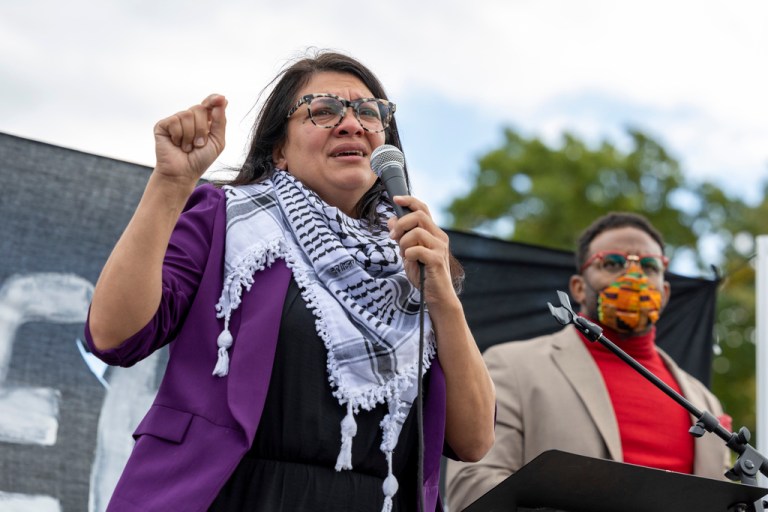 Rep. Rashida Tlaib (D-MI) speaks during a demonstration calling for a ceasefire in Gaza near the Capitol in Washington on Wednesday, Oct. 18, 2023. 