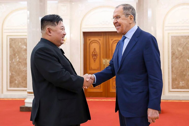 In this photo released by Russian Foreign Ministry Press Service via its telegram channel, Korean leader Kim Jong Un, left, and Russian Foreign Minister Sergey Lavrov greet each other during a meeting in Pyongyang, North Korea, on Thursday, Oct. 19, 2023.