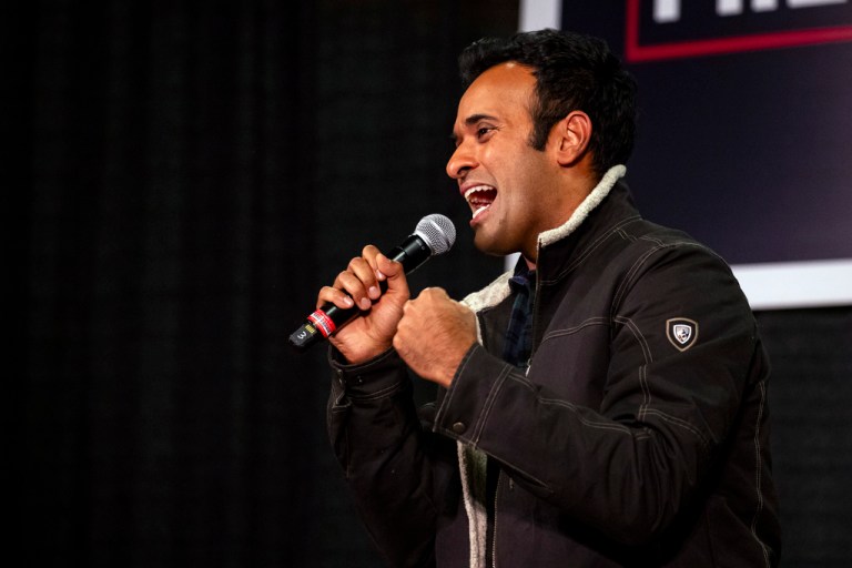 Republican presidential hopeful Vivek Ramaswamy speaks during U.S. Rep. Mariannette Miller-Meeks', R-Iowa, Triple MMM Tailgate event in Iowa City, Iowa on Friday, Oct. 20, 2023.