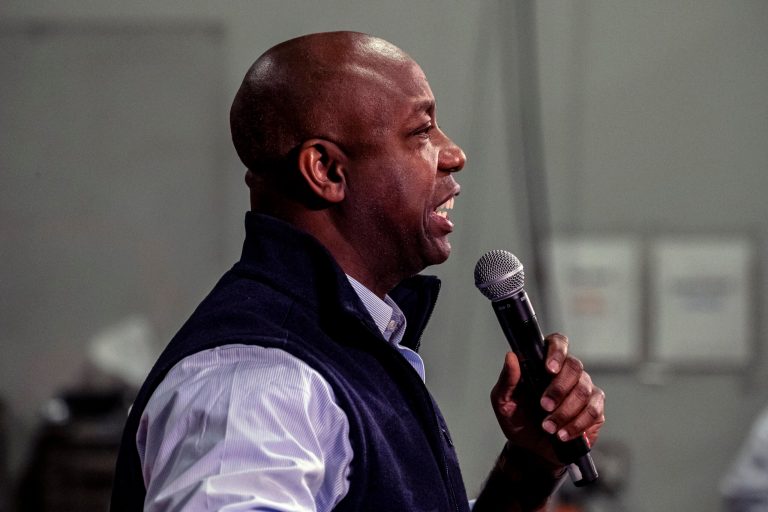 Sen. Tim Scott (R-SC) speaks during Rep. Mariannette Miller-Meeks's (R-IA) Triple MMM Tailgate event in Iowa City, Iowa, on Friday, Oct. 20, 2023. The event featured remarks from several candidates for the Republican Party's nomination for president.