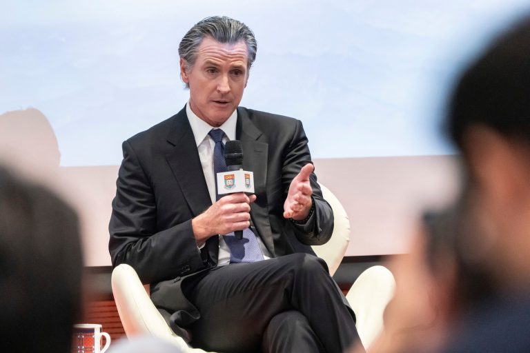 Gov. Gavin Newsom (D-CA) speaks during the fireside chat at the Hong Kong University in Hong Kong, Monday, Oct. 23, 2023. The governor of California said on Monday his state will always be a partner on climate issues no matter how the U.S. presidential election next year turns out during his weeklong trip to China, in an attempt to reinforce his region's role as a global leader on climate change.