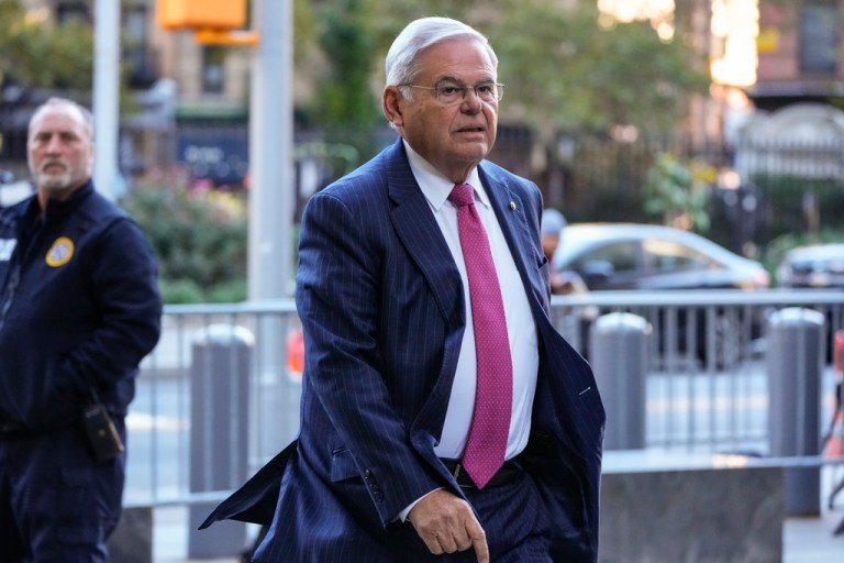 Sen. Bob Menendez (D-NJ) arrives at Manhattan federal court, Monday, Oct. 23, 2023, in New York. Menendez is returning to a New York City federal court to enter a not guilty plea to a conspiracy charge alleging he acted as an agent of the Egyptian government.