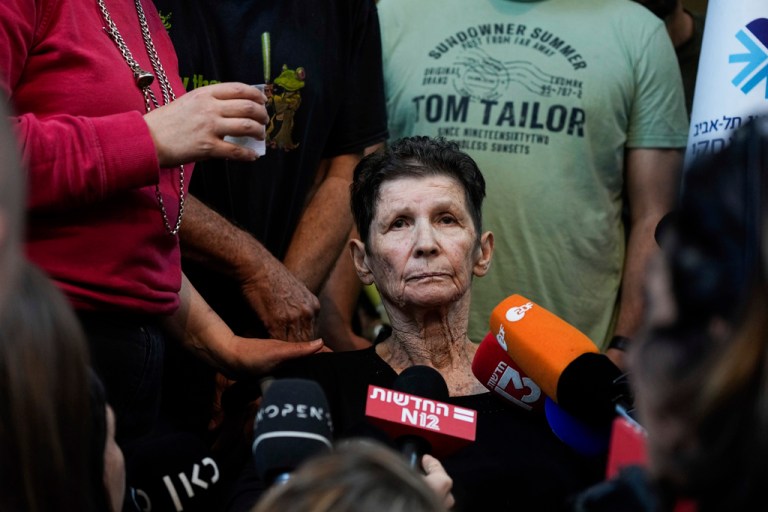 Yocheved Lifshitz, 85, who was held hostage in Gaza after being abducted during Hamas's bloody Oct. 7 attack on Israel, speaks to members of the press a day after being released by Hamas militants, at Ichilov Hospital in Tel Aviv, Israel.