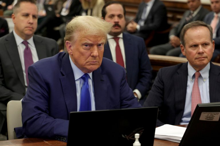 Former President Donald Trump and his attorney Chris Kise attend his civil business fraud trial at the New York Supreme Court, Tuesday, Oct. 24, 2023.