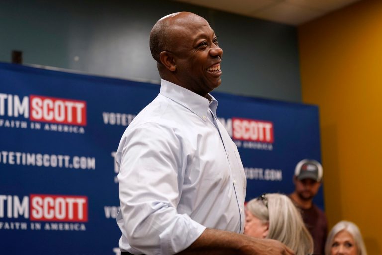 Republican presidential candidate Sen. Tim Scott (R-SC) speaks during a meet-and-greet Tuesday, Oct. 24, 2023, in Indianola, Iowa. 