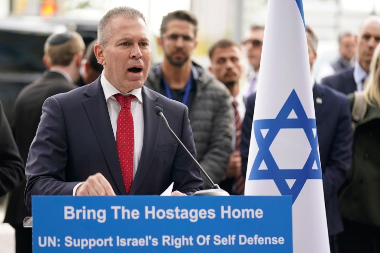 Israeli Ambassador to the United Nations Gilad Erdan speaks about Israeli hostages being held by Hamas in front of United Nations headquarters in New York, Tuesday, Oct. 24, 2023.