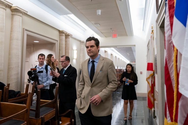 Rep. Matt Gaetz (R-FL) arrives as Republicans meet to decide who to nominate to be the new House speaker on Capitol Hill in Washington, Tuesday, Oct. 24, 2023. 
