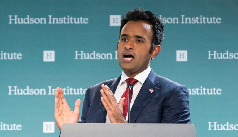 Republican presidential candidate Vivek Ramaswamy speaks on 