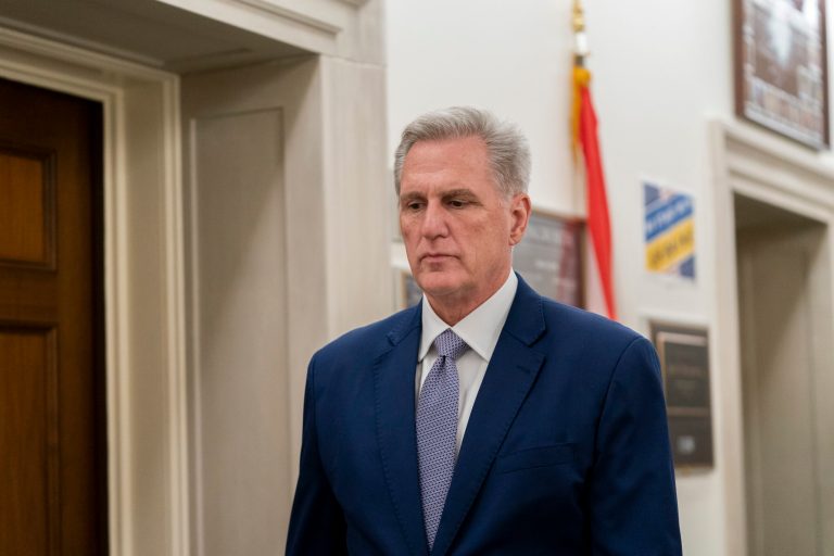Rep. Kevin McCarthy (R-CA) walks as Republicans meet to decide who to nominate as the new House speaker on Tuesday, Oct. 24, 2023, on Capitol Hill in Washington.