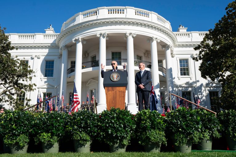 President Joe Biden speaks as he welcomes Australia's Prime Minister Anthony Albanese to a State Arrival Ceremony on the South Lawn of the White House, Wednesday, Oct. 25, 2023, in Washington.